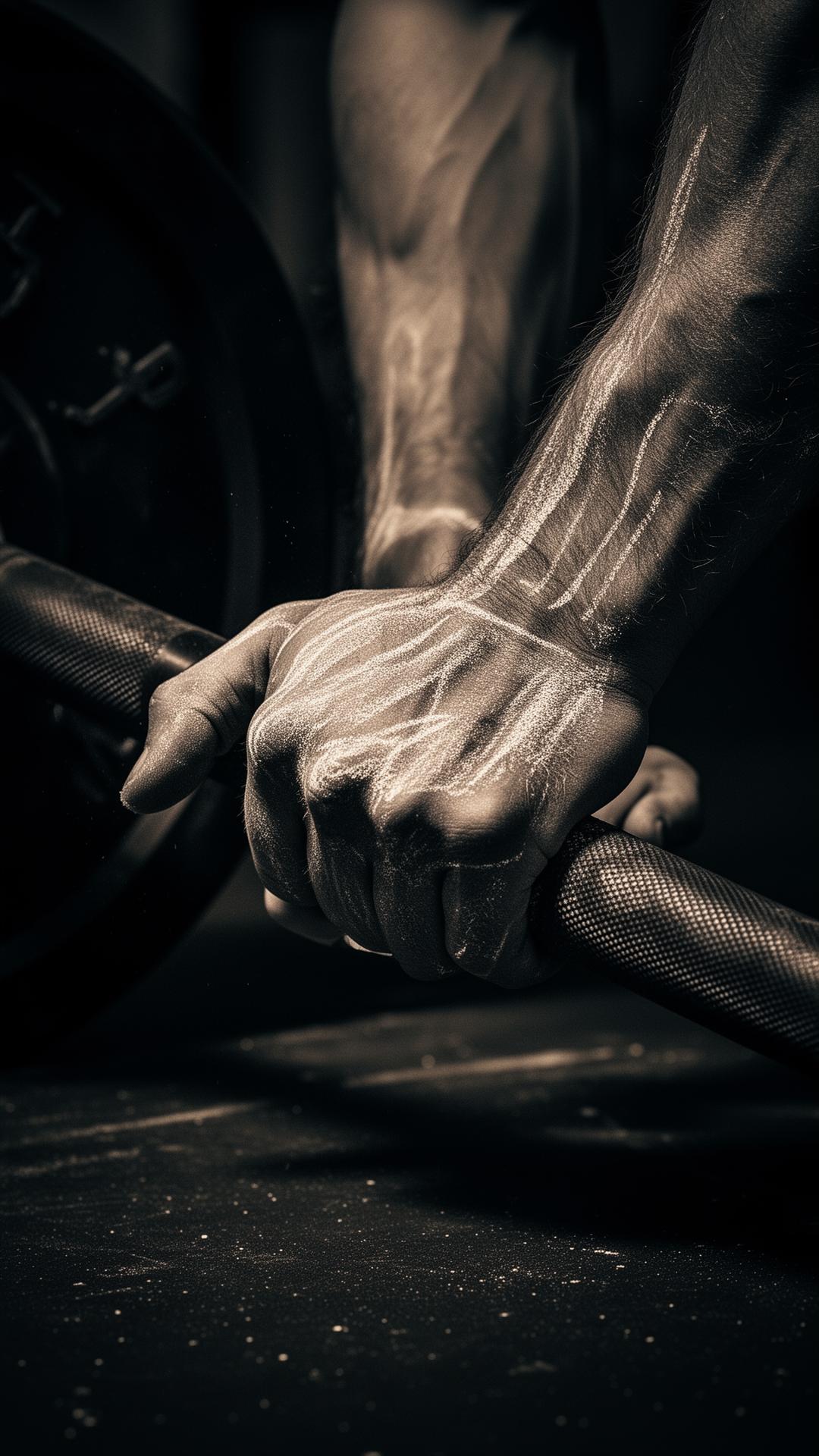Chalked hand gripping a knurled barbell
