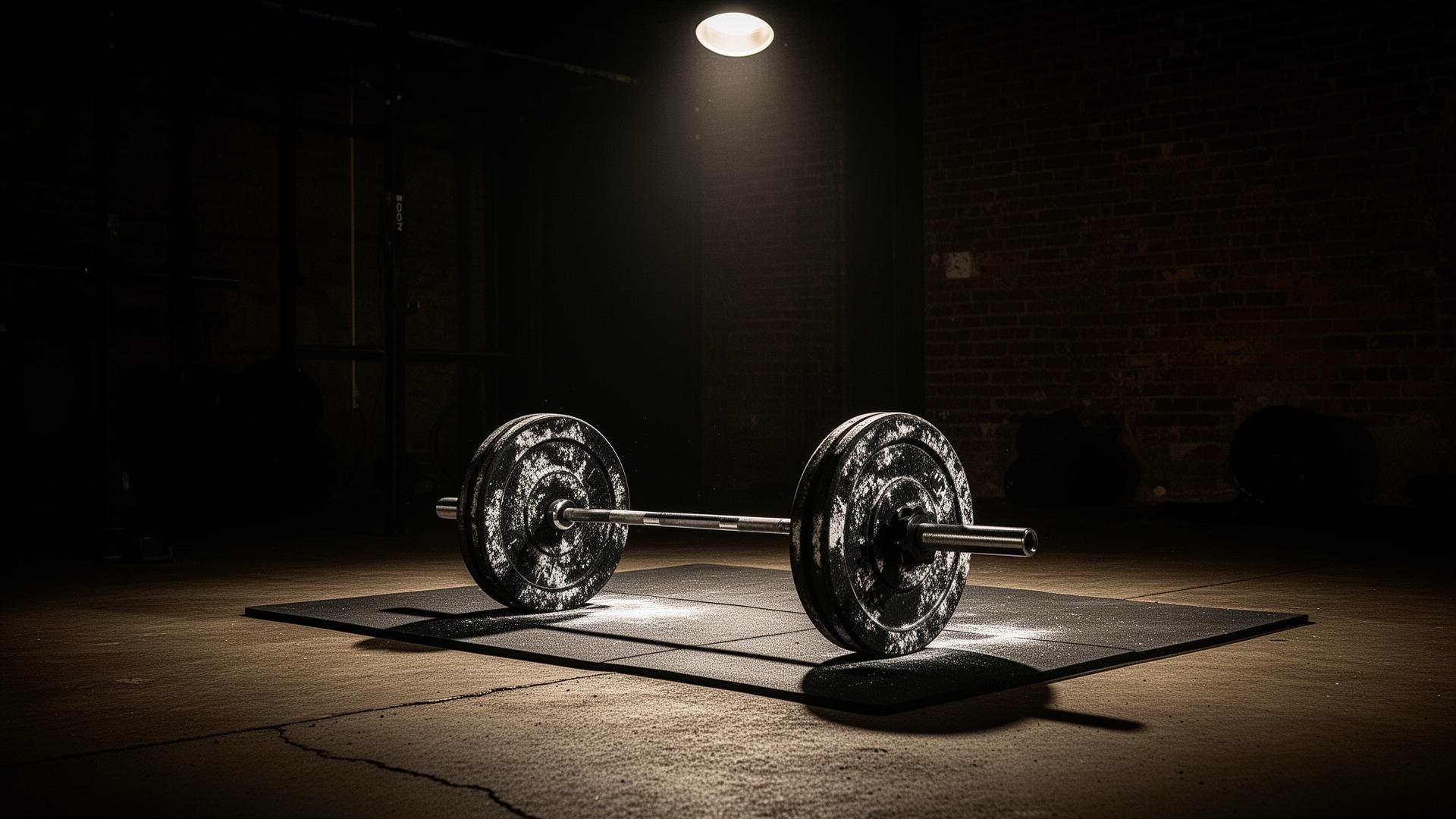 Loaded barbell under a single spotlight in a dim industrial gym